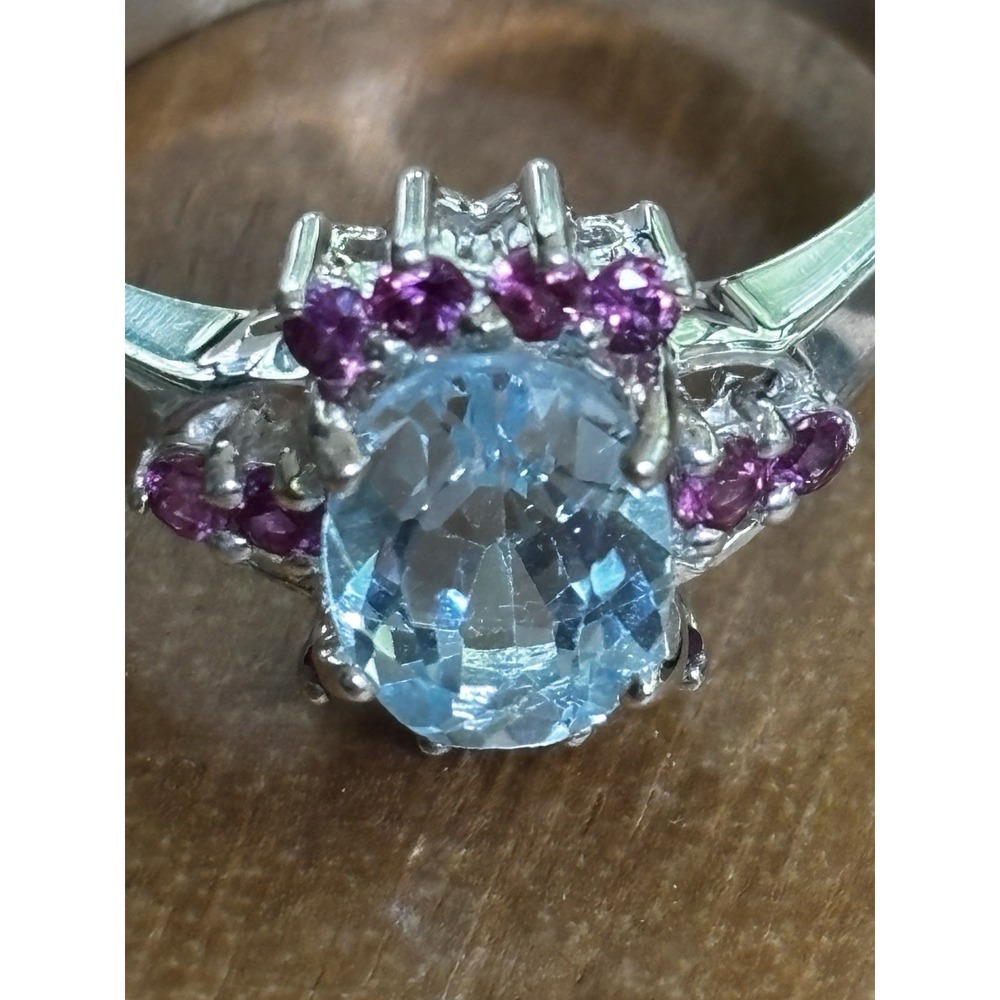 Natural Blue Topaz Sterling Ring With Ruby Accents Size 7